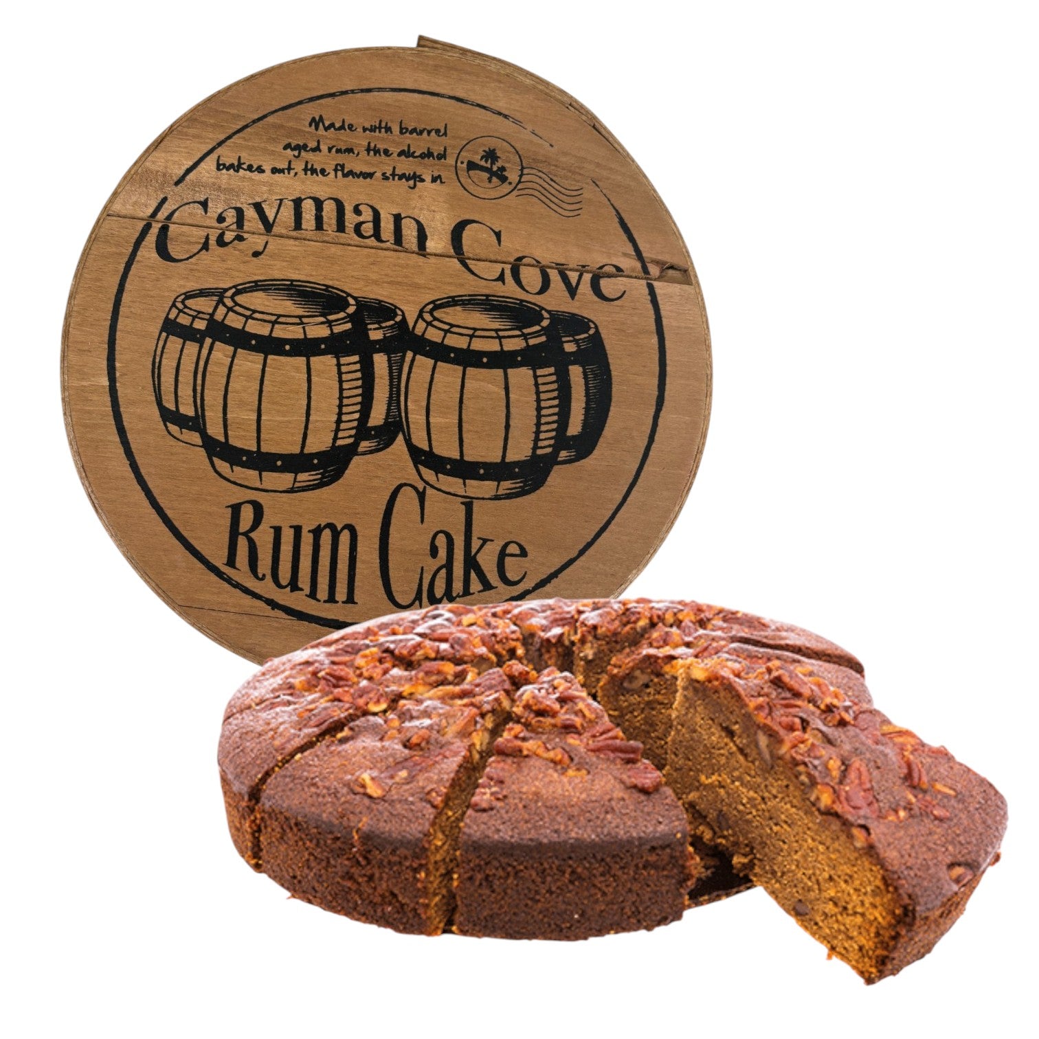 The Cayman Cove Rum Cake 10" packaged in its signature round, wood-lidded gift box, ready for gifting.