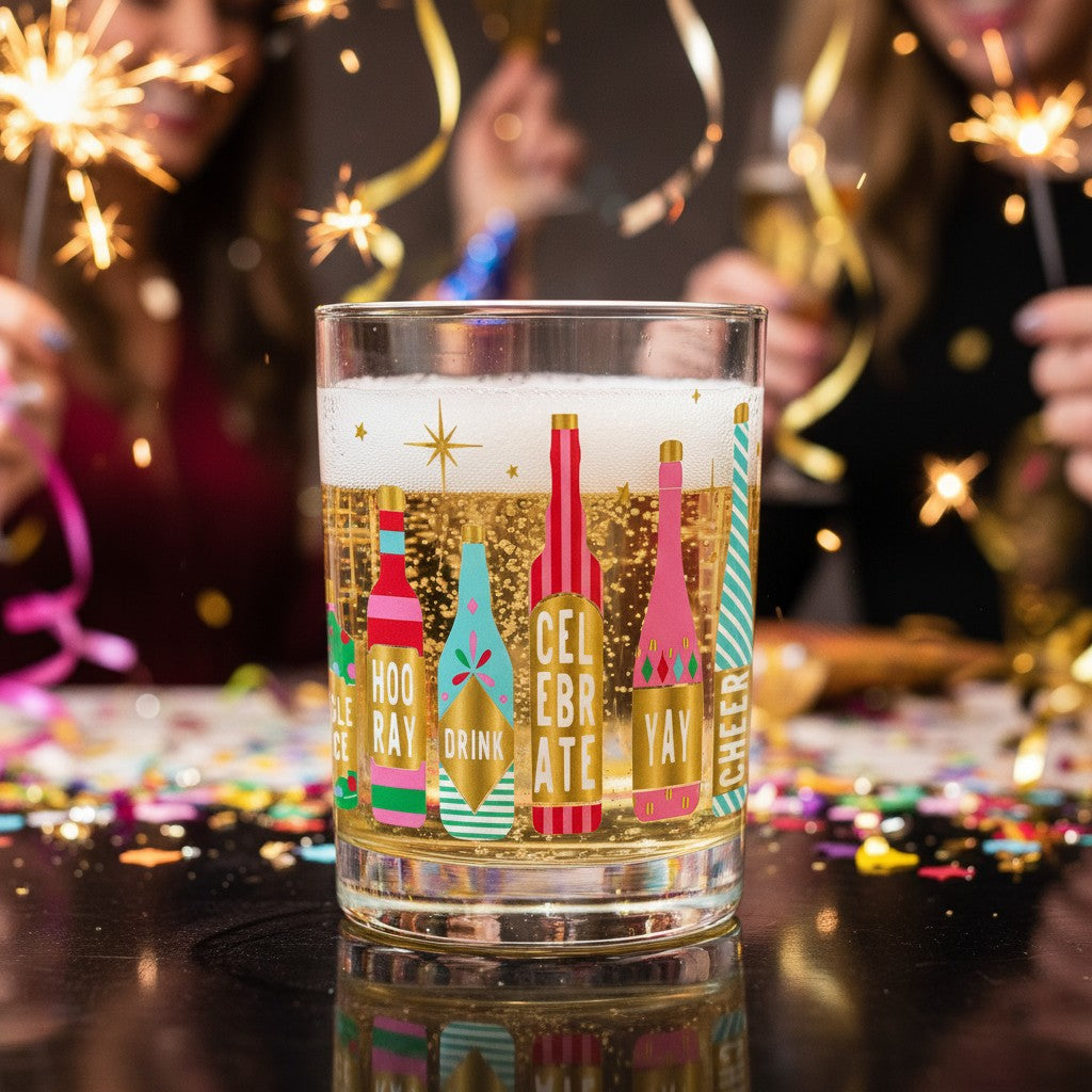 The colorful retro glass shown in a festive setting with confetti and sparklers.