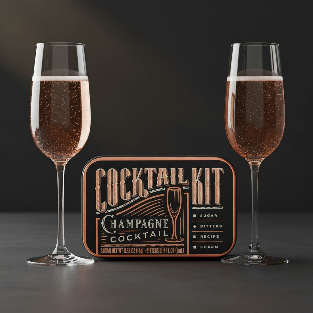 A lifestyle photo of a sparkling Champagne Cocktail in a flute next to the open kit tin.