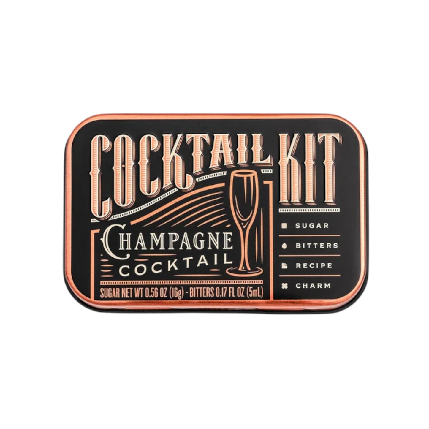 The Champagne Cocktail Kit inside its compact and stylish travel tin.