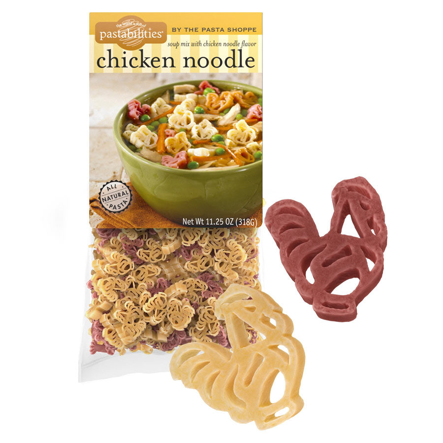 Packaging of Pastabilities chicken noodle flavor pasta with two pasta shapes on a white background