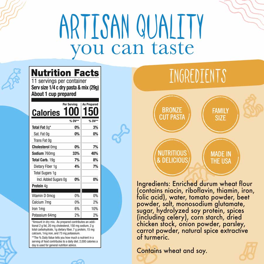Nutrition facts and ingredients label for a product with decorative elements.