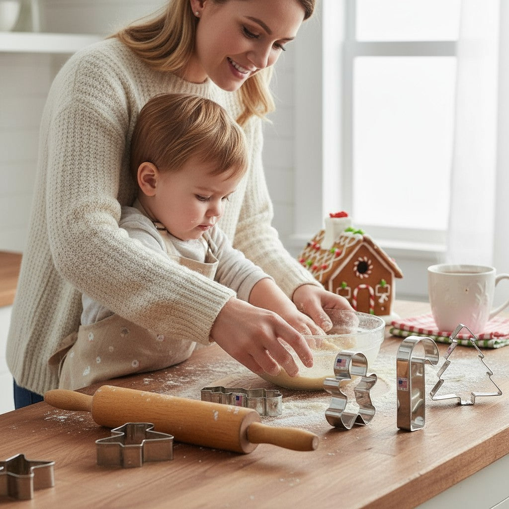 Woman and child making cookies together on a wooden table with baking tools.