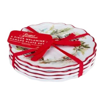 Set of melamine canape plates with a red ribbon packaging on a white background