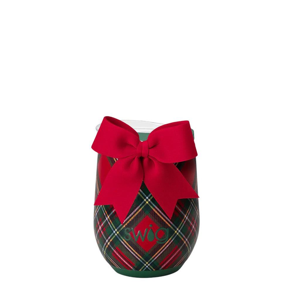 Swig 12oz stemless wine cup in Christmas Plaid with large red gift bow and clear slider lid.