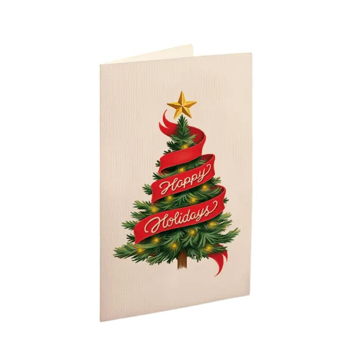 Christmas card with a tree design and 'Happy Holidays' text on a beige background