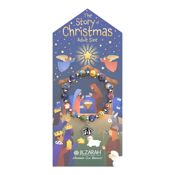 Jilzarah Story of Christmas bracelet packaging with nativity scene illustration