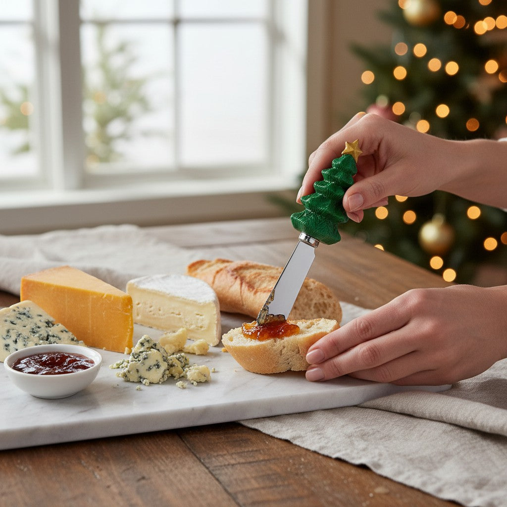 Person spreading jam on bread with a Christmas tree-shaped cheese spreader, surrounded by cheese and bread on a table with a festive background.