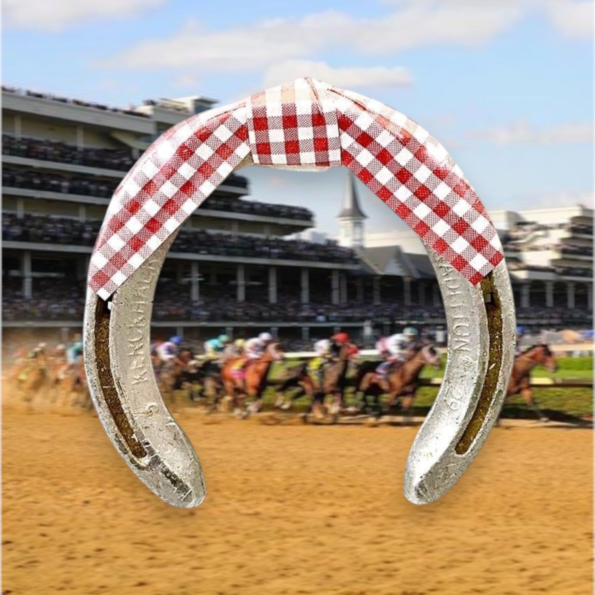 Horseshoe with checkered flag over a horse race background