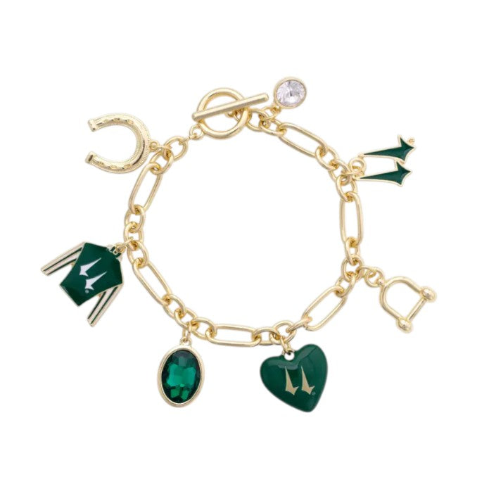 The Churchill Downs Jockey Silk Enamel Charm Bracelet in green, displaying all equestrian charms on its gold-toned oval-link chain.