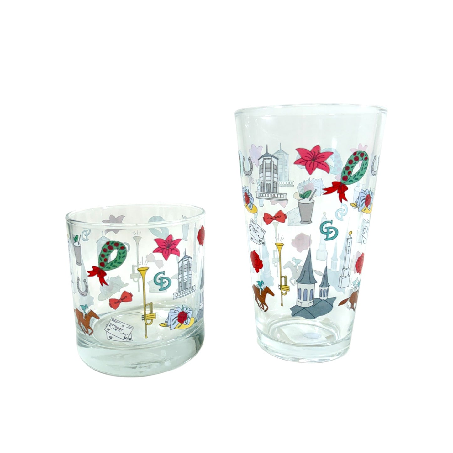 A 10oz Churchill Downs Whimsey rocks glass and a 16oz pint glass on a white background.