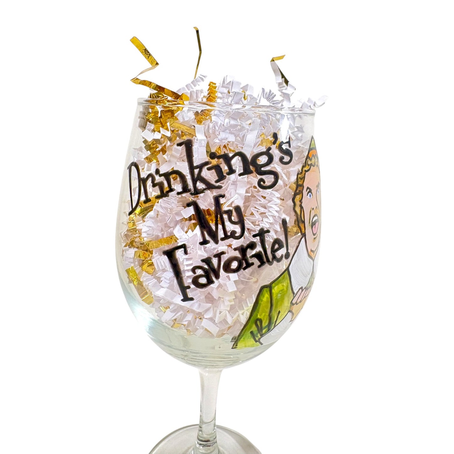 A close-up shot of the text "Drinking's My Favorite!" on the festive wine glass.