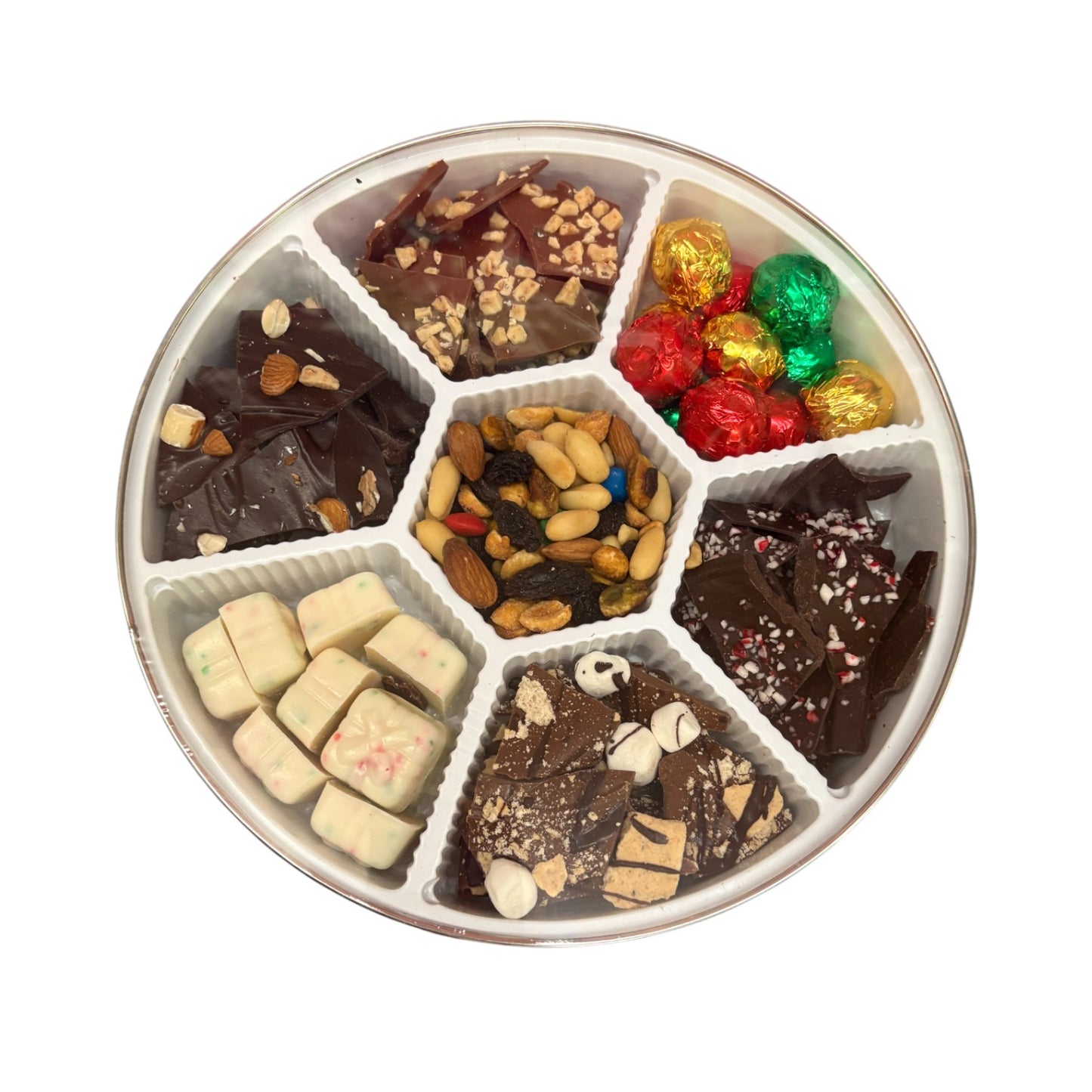 A detailed top-down view showing the 7 compartments of the large Christmas tin.