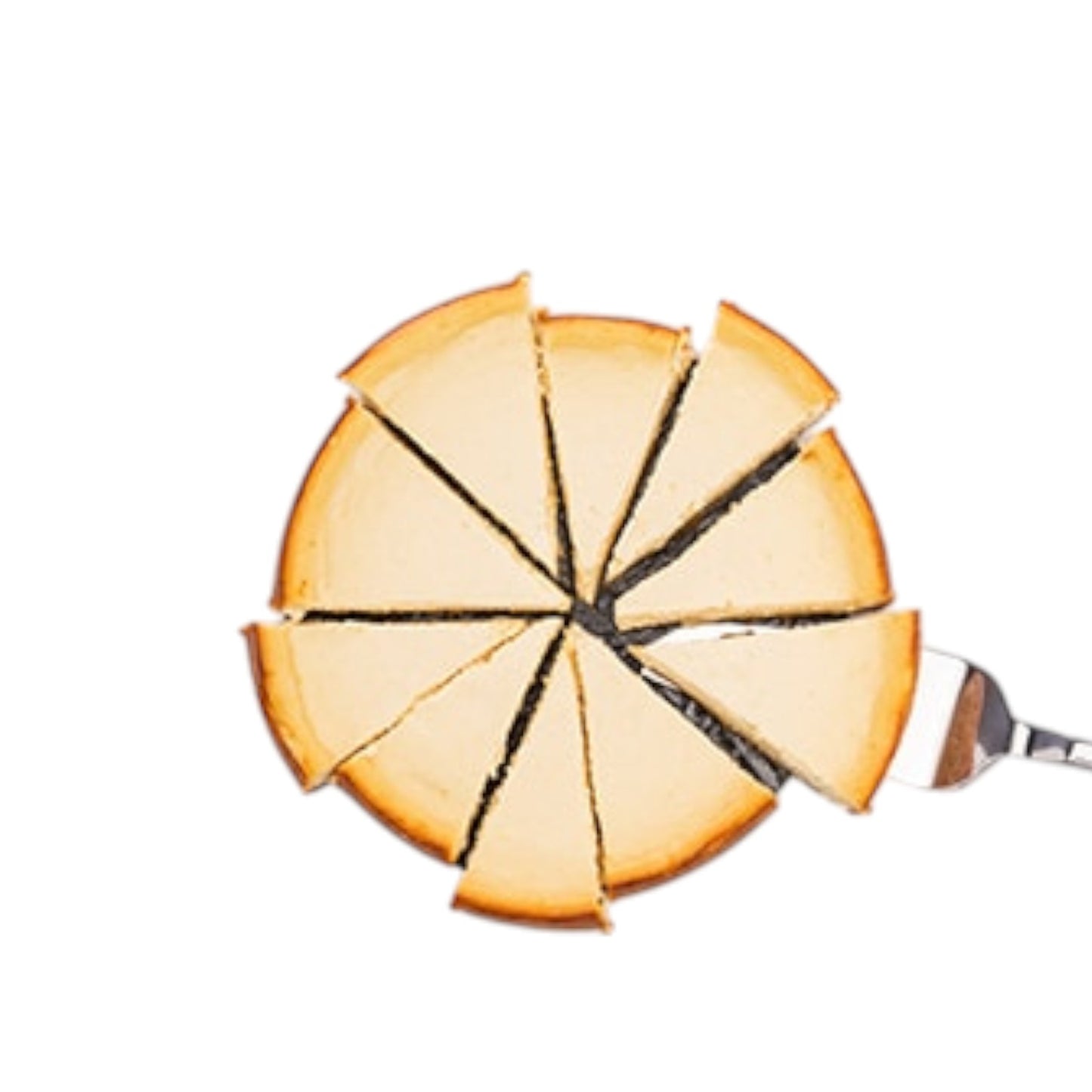 Round cake with slices cut out, showing layers on a white background