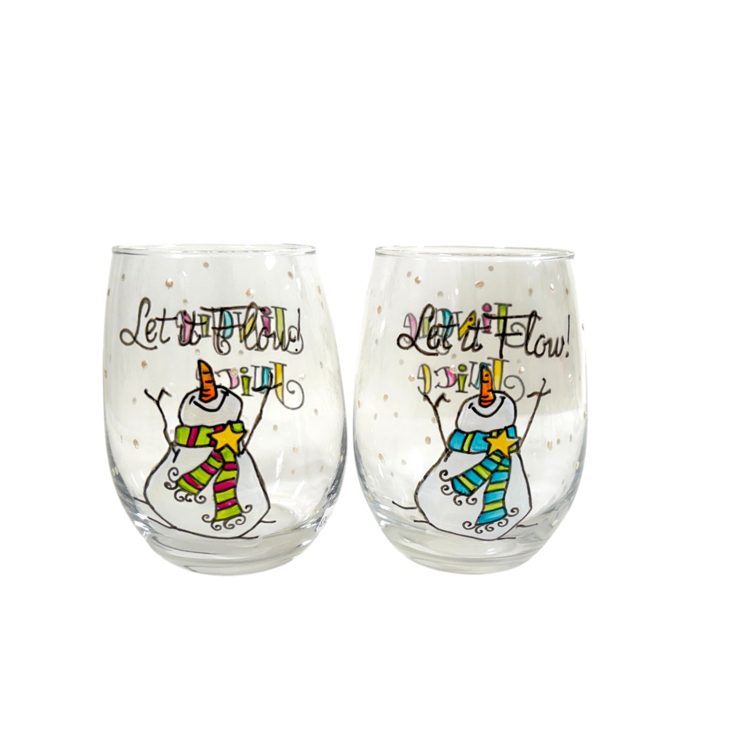 Two glass tumblers with snowman designs and 'Let it Flow' text on a white background