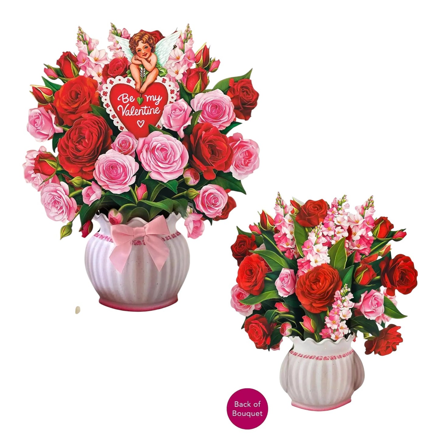 A close-up detail shot of the romantic cupid illustration nestled among the paper flowers of the pop-up bouquet.