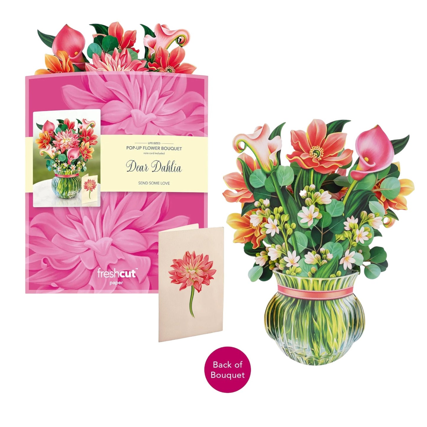 The flat paper bouquet displayed next to its matching note card and mailing envelope.