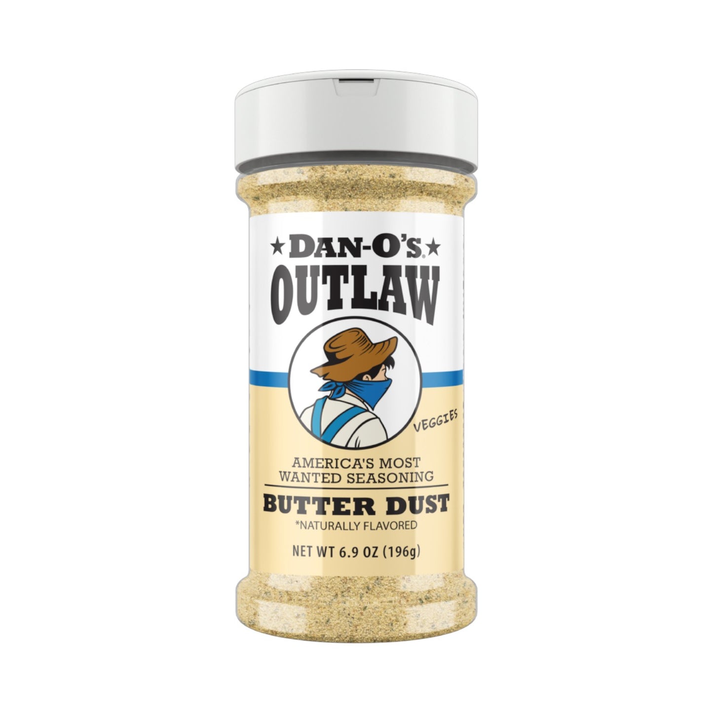 A medium bottle of Dan-O's Outlaw Butter Dust Seasoning featuring the cowboy mascot on the label.