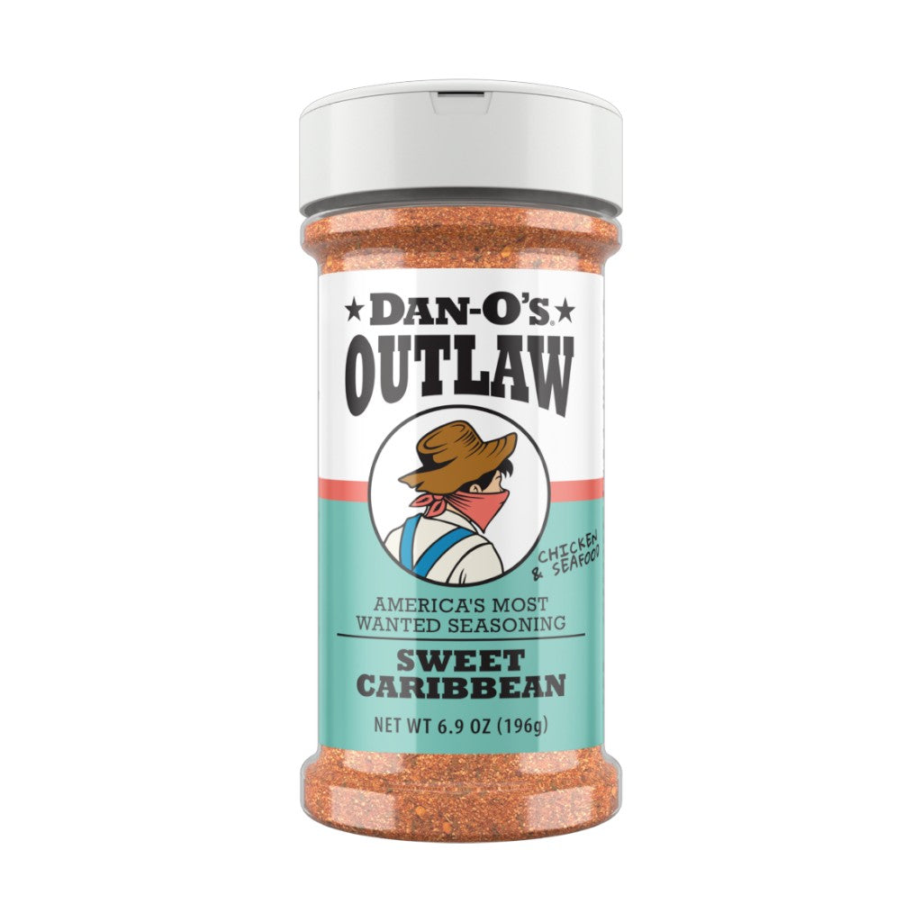 A medium-sized bottle of Dan-O's Outlaw Sweet Caribbean Seasoning on a white background.