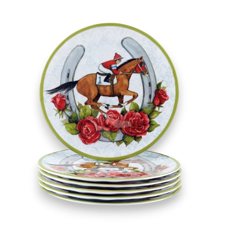 A single "Day at the Races" 9-inch melamine salad plate, showcasing the vibrant illustration of a racehorse, jockey, and rose garland.