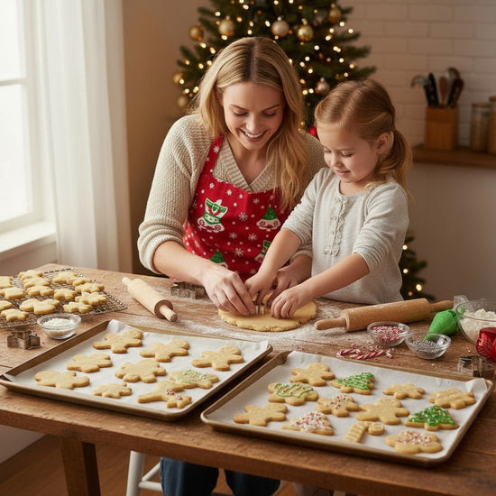 Woman and child making cookies together in a kitchen with a Christmas tree in the background