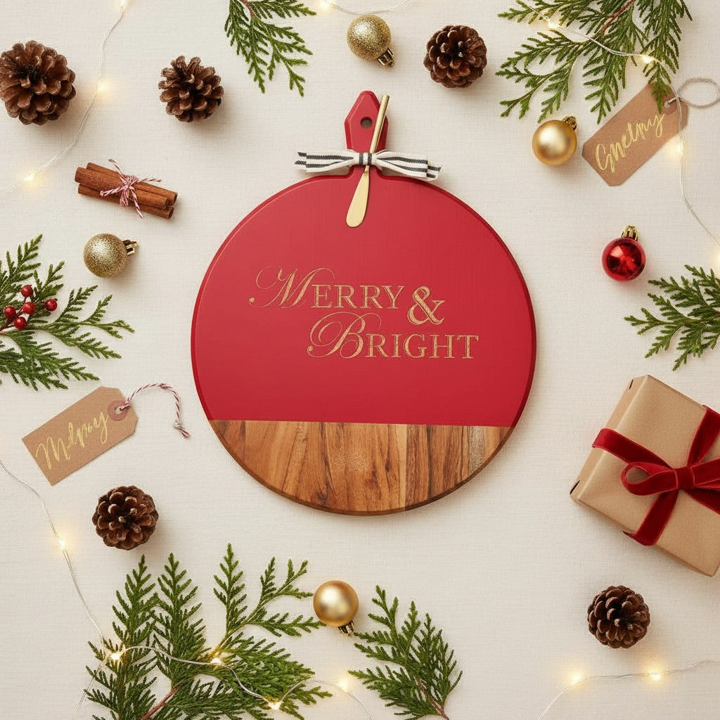 Decorative roundred and wood acacia serving board with 'Merry & Bright' text surrounded by Christmas decorations on a light background.
