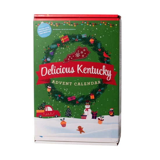 Festive Kentucky Advent Calendar box with Christmas-themed illustrations, featuring a wreath and state outline of Kentucky.