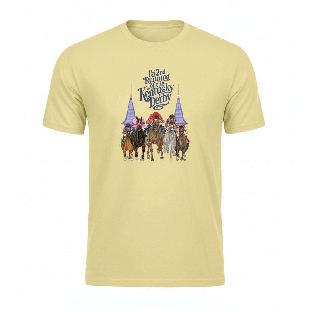 Front view of the "Coming at You" Kentucky Derby 152 t-shirt in Popcorn yellow, featuring dynamic artwork of racing horses and Churchill Downs spires.