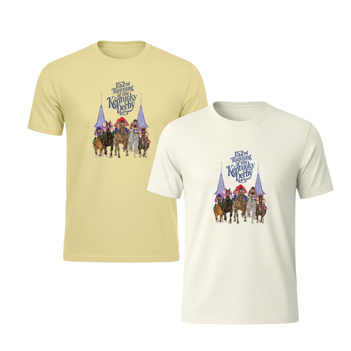 Front view of the "Coming at You" Kentucky Derby 152 t-shirt in Popcorn yellow and Natural, featuring dynamic artwork of racing horses and Churchill Downs spires.