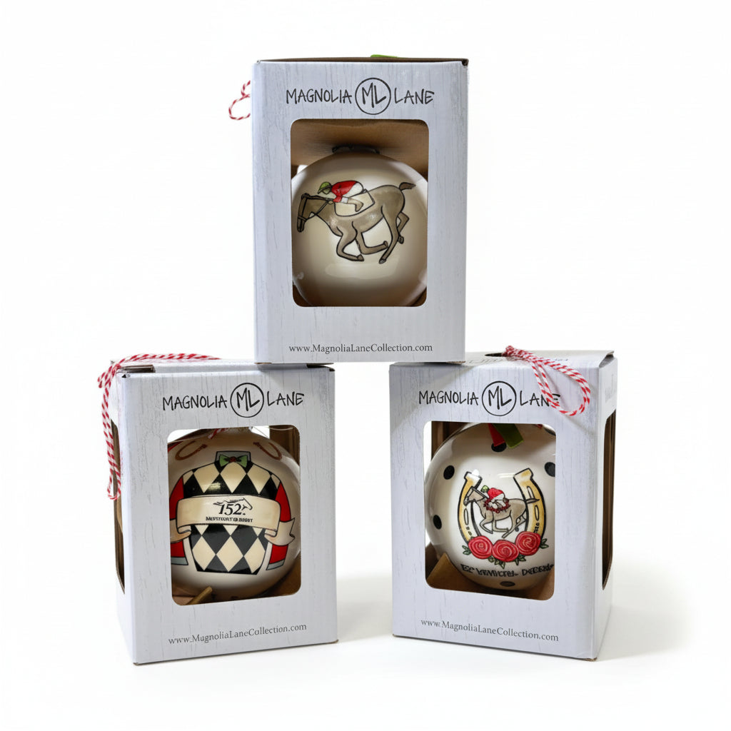 The complete 152nd Kentucky Derby ornament collection showing all three designs: Classic, Jockey Silk, and Horseshoe Polka Dot with their packaging.