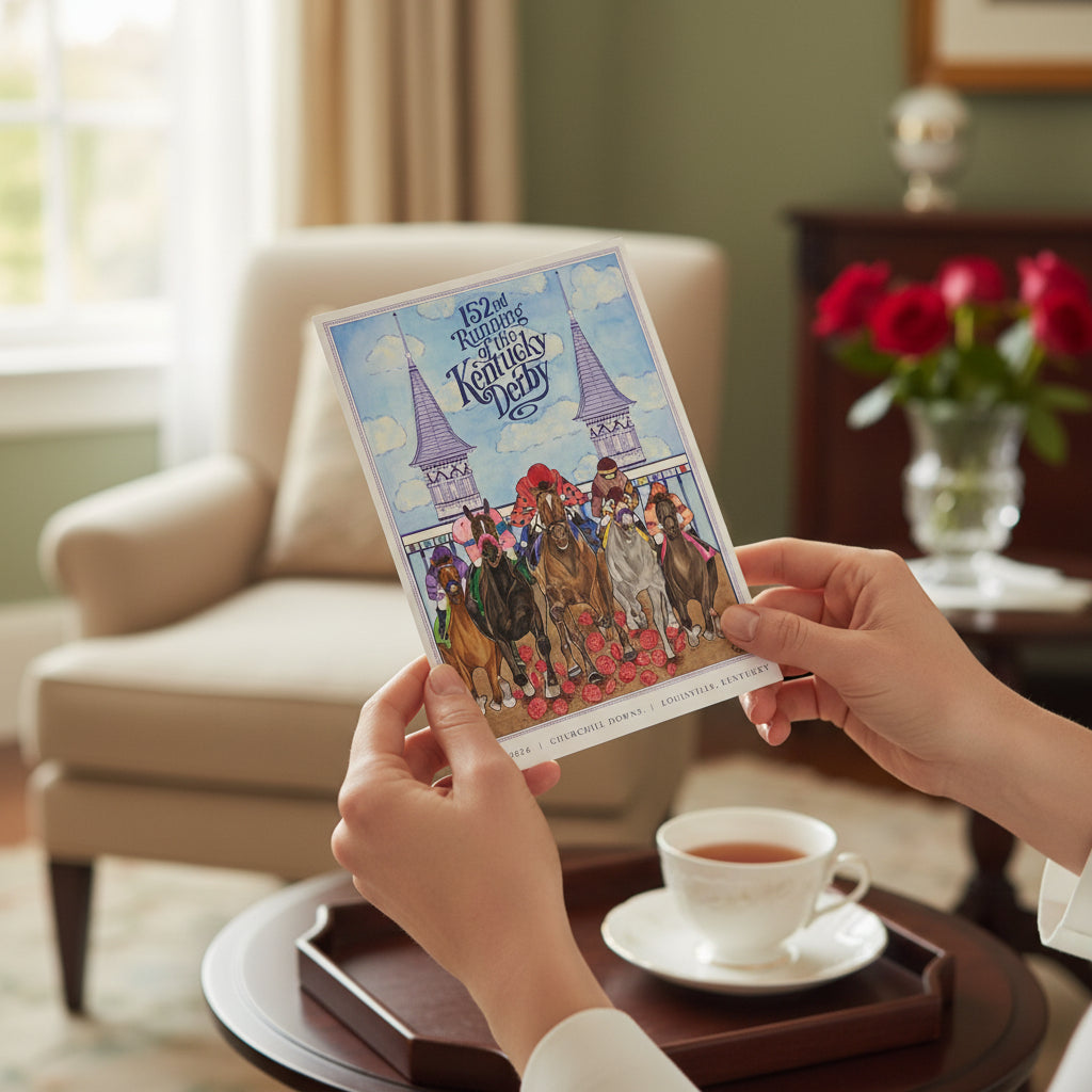 Lifestyle image showing the 152nd Kentucky Derby postcard held up to display the colorful artwork.