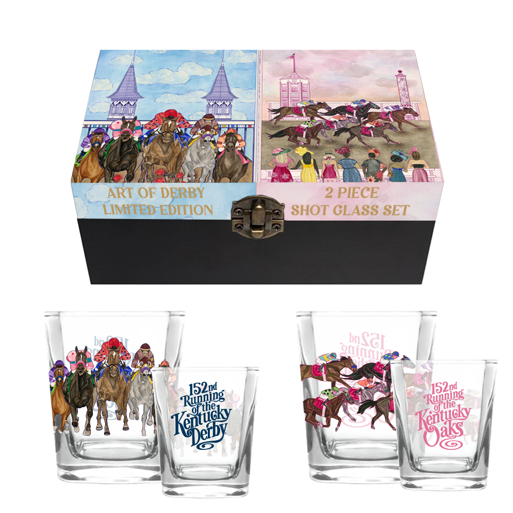 Two-piece shot glass set with Kentucky Derby theme in a decorative box featuring the Art of the Derby for 152.