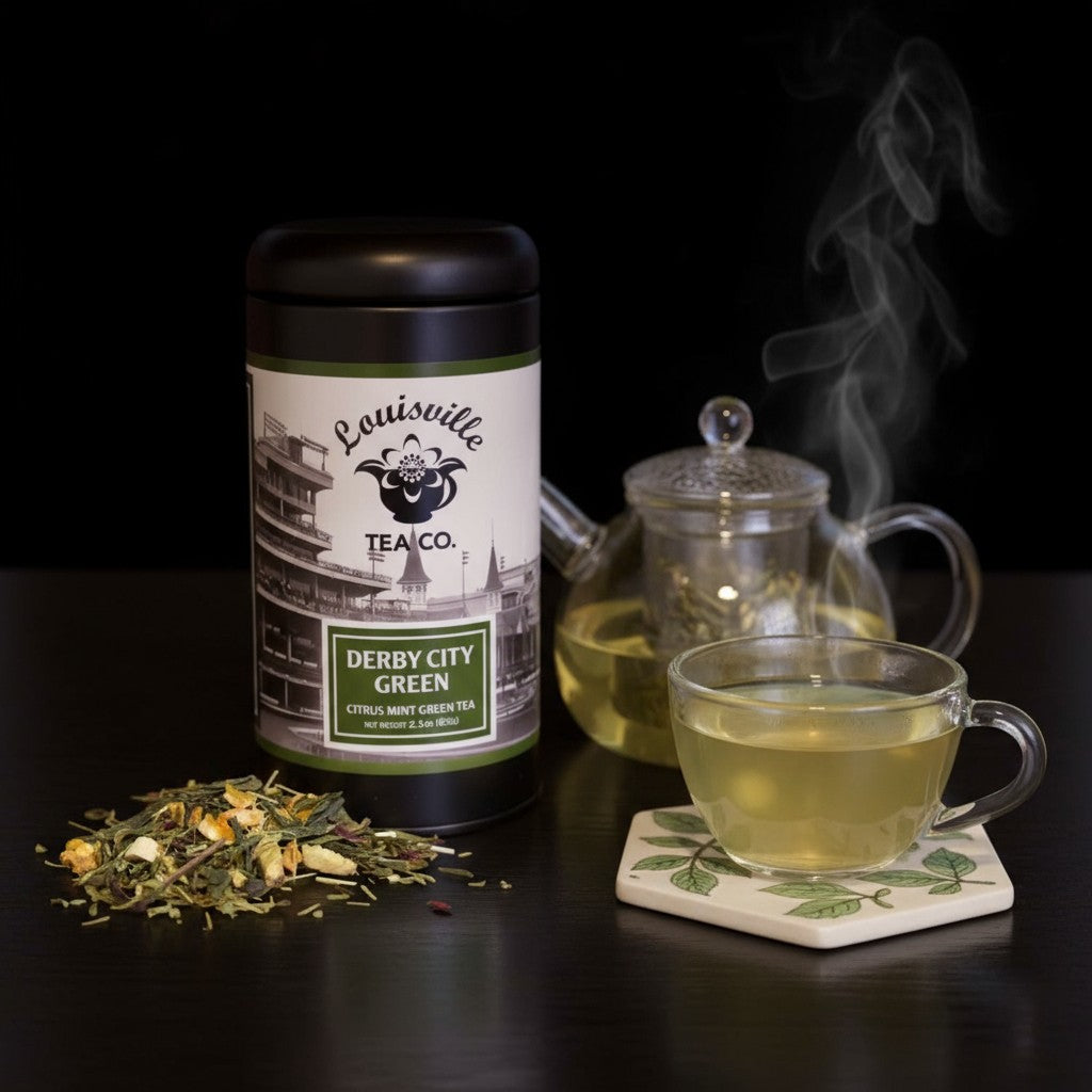The Louisville Tea Co. "Derby City Green" citrus mint green tea in its illustrated tin.