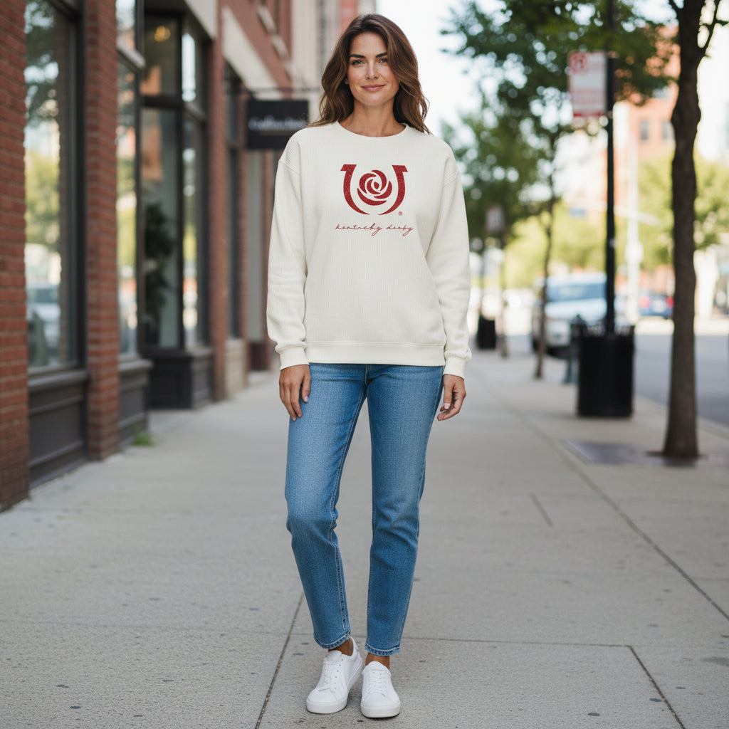 A model wearing the relaxed fit Kentucky Derby 152 corduroy crew neck in an urban setting, styled with jeans and sneakers.