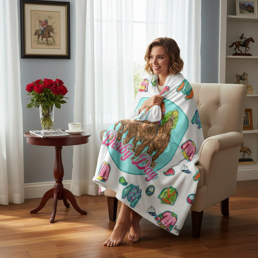 Woman sitting in a chair wearing a Derby Day horse racing fleece blanket in a living room.