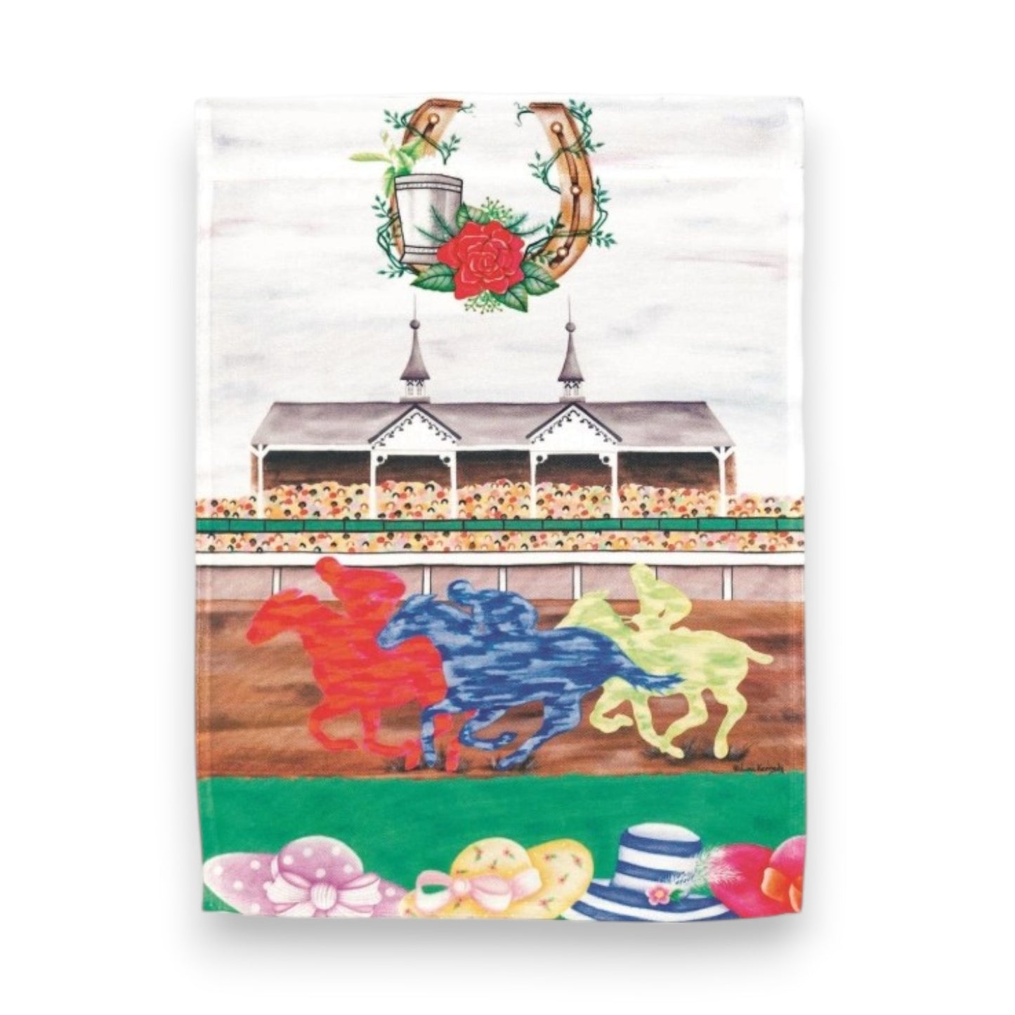 A colorful watercolor-style garden flag illustrating three horses racing past a crowded grandstand with twin spires. The top features a golden horseshoe and red rose emblem, while the bottom displays five festive, wide-brimmed Derby hats resting on bright green grass.