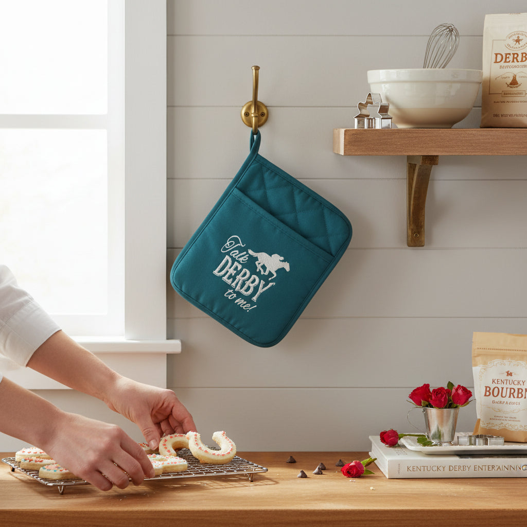 A Derby-themed kitchen scene featuring the teal pot holder hanging on a hook next to baking supplies.
