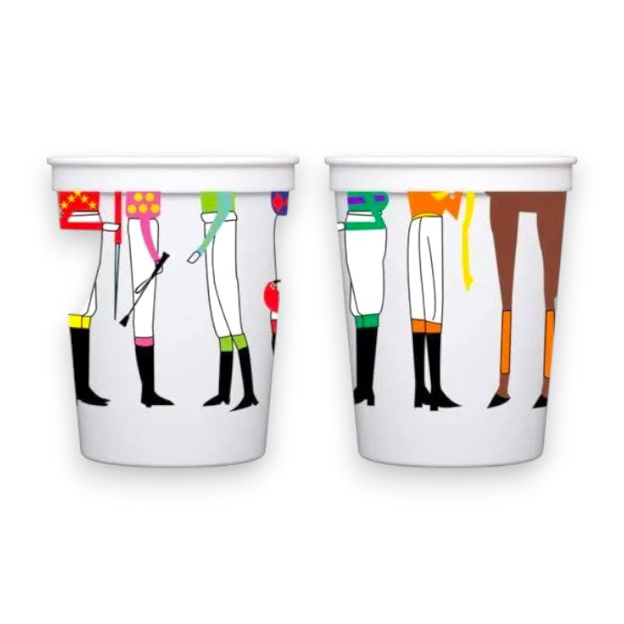 white stadium cups featuring colorful illustrations of jockey legs and horse racing silks.