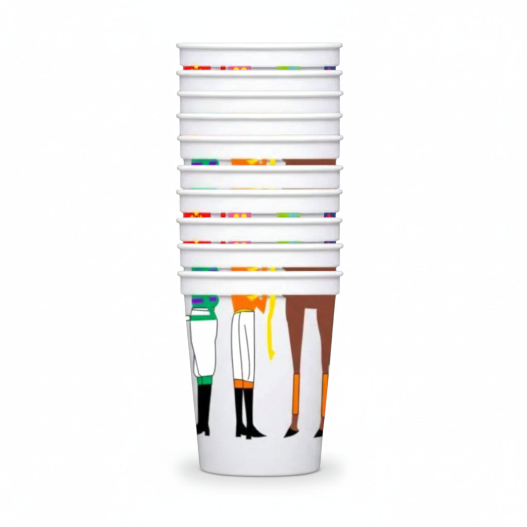 Stacked white stadium cups featuring colorful illustrations of jockey legs and horse racing silks.