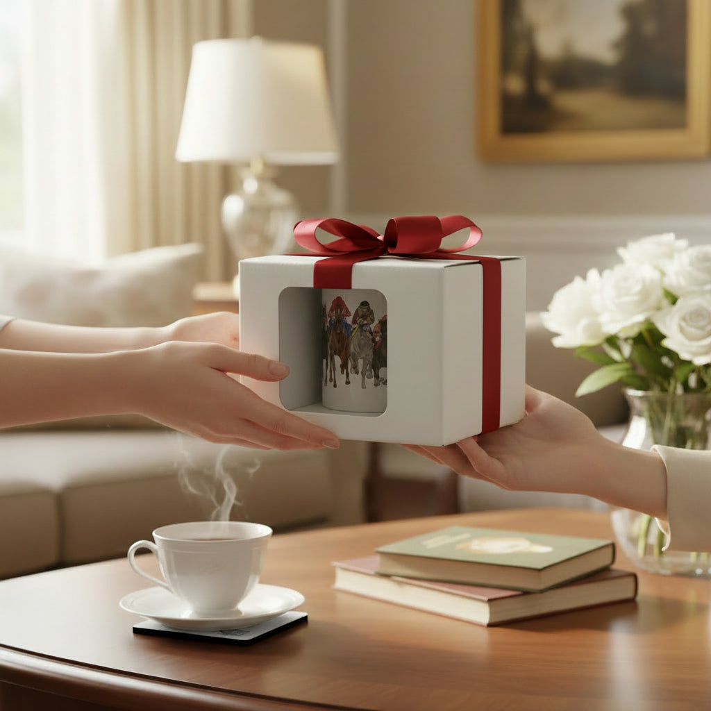 The Art of the Derby mug and coaster set presented in a white gift box, ready for gifting to a horse racing fan.