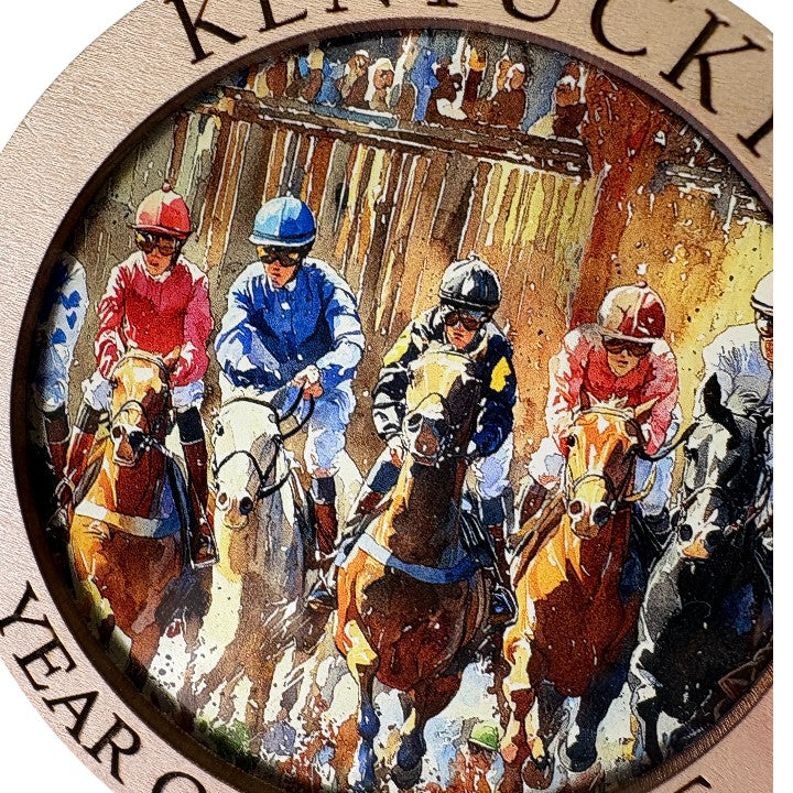 Artistic depiction of jockeys on horses at the starting gate of the Kentucky Derby.