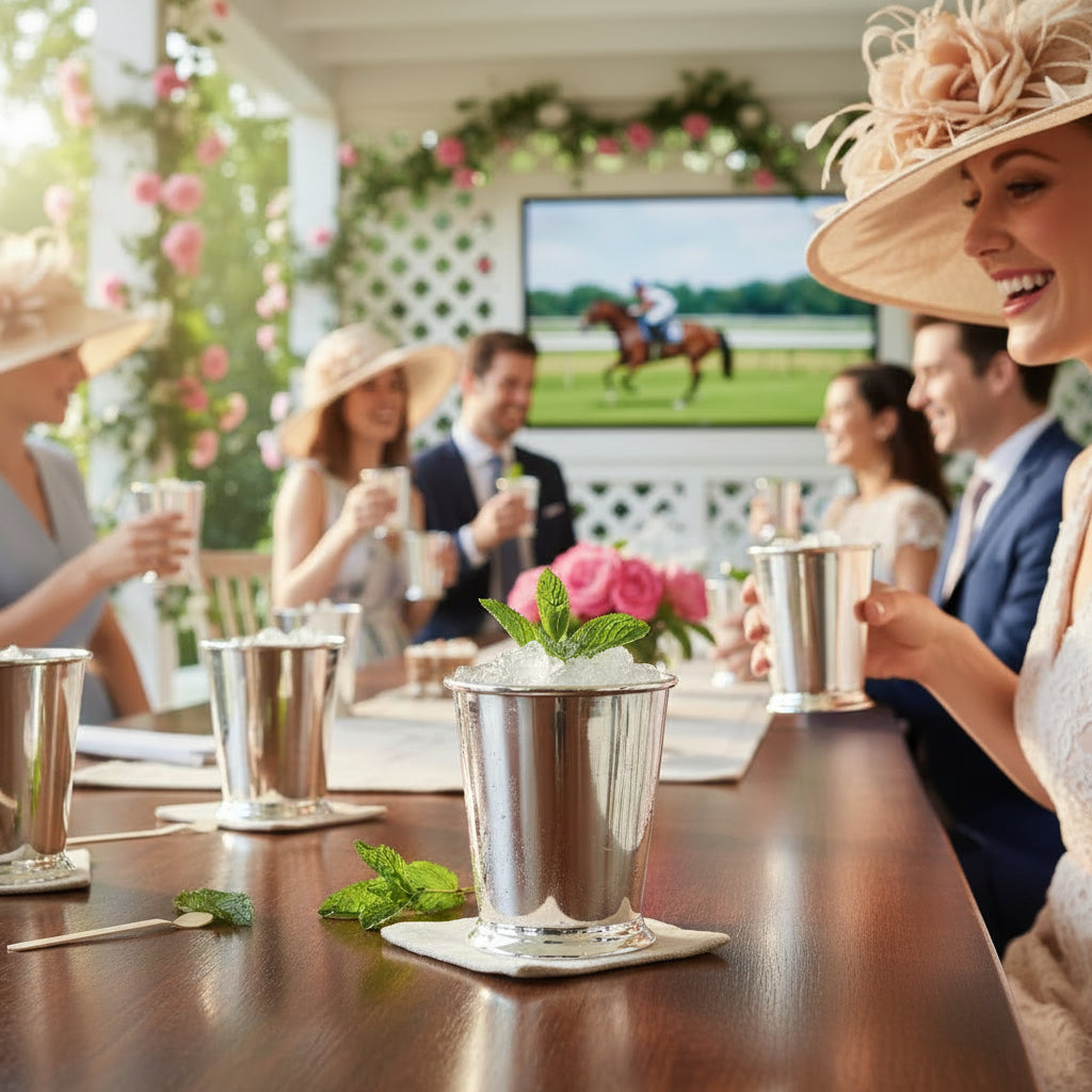 A group of guests at a Derby party holding their silver-plated mint julep cups and watching the race.