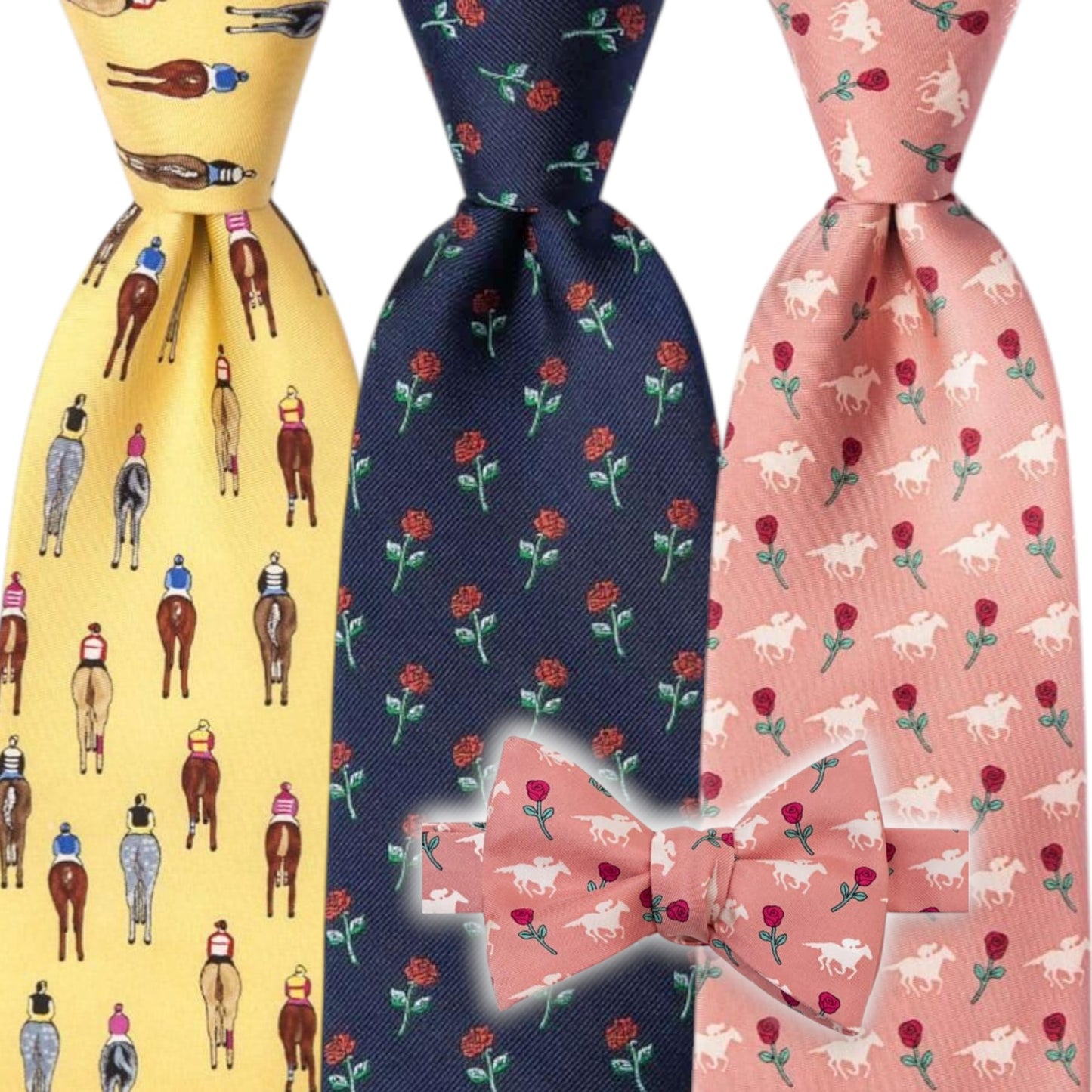 Three patterned ties with different designs on a white background
