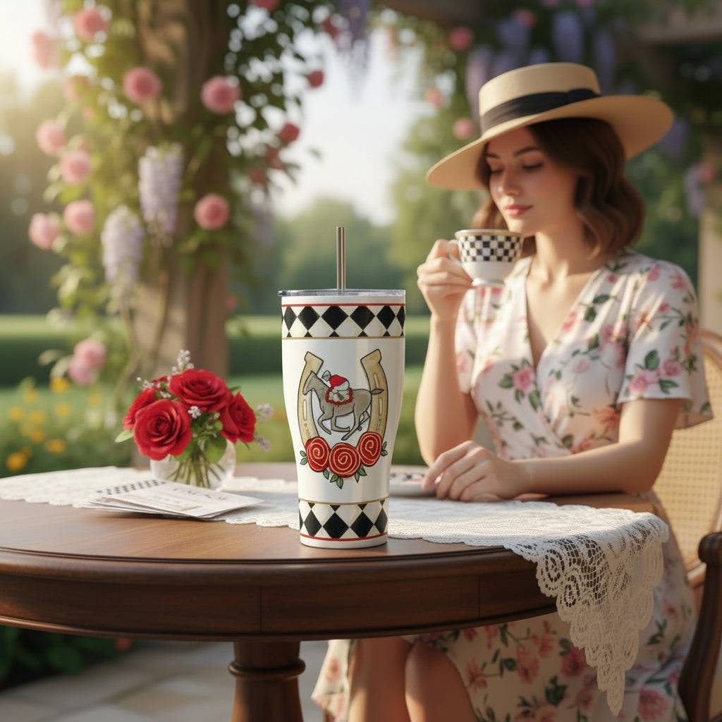A woman in a festive hat sips from the 30 oz. stainless steel Derby tumbler at an outdoor party table set with roses.