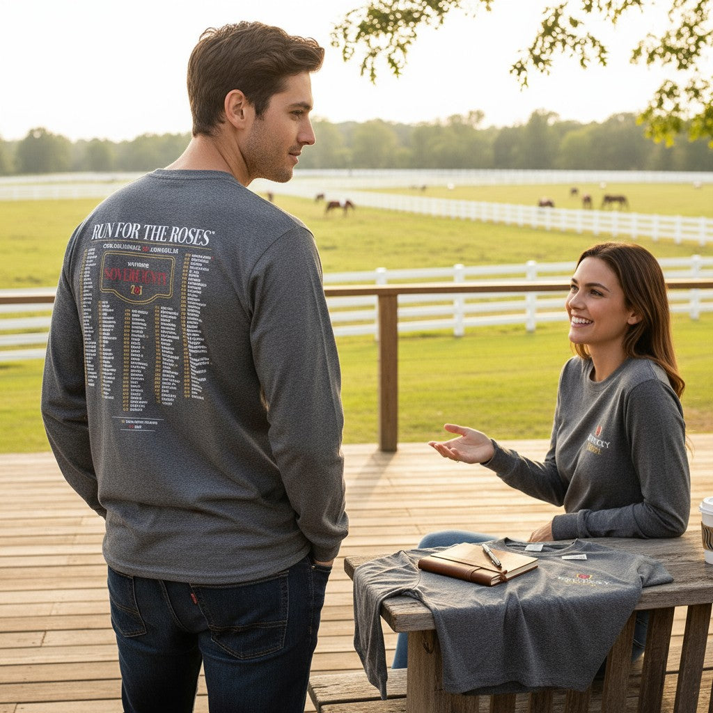 A person wearing the heather gray Kentucky Derby Winners long sleeve shirt at a horse farm.