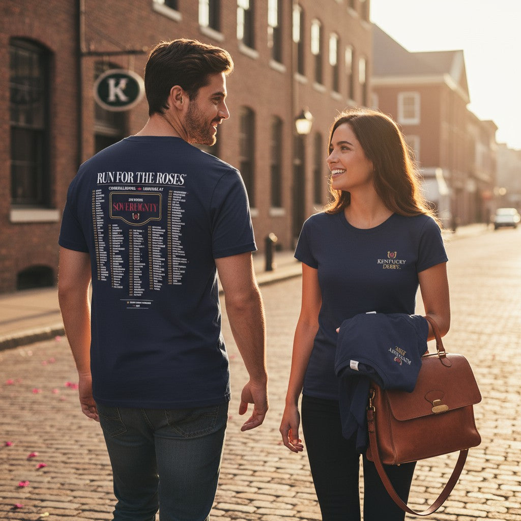 Man and woman walking on a street wearing matching detailed "Run for the Roses" winners list navy blue t-shirts.