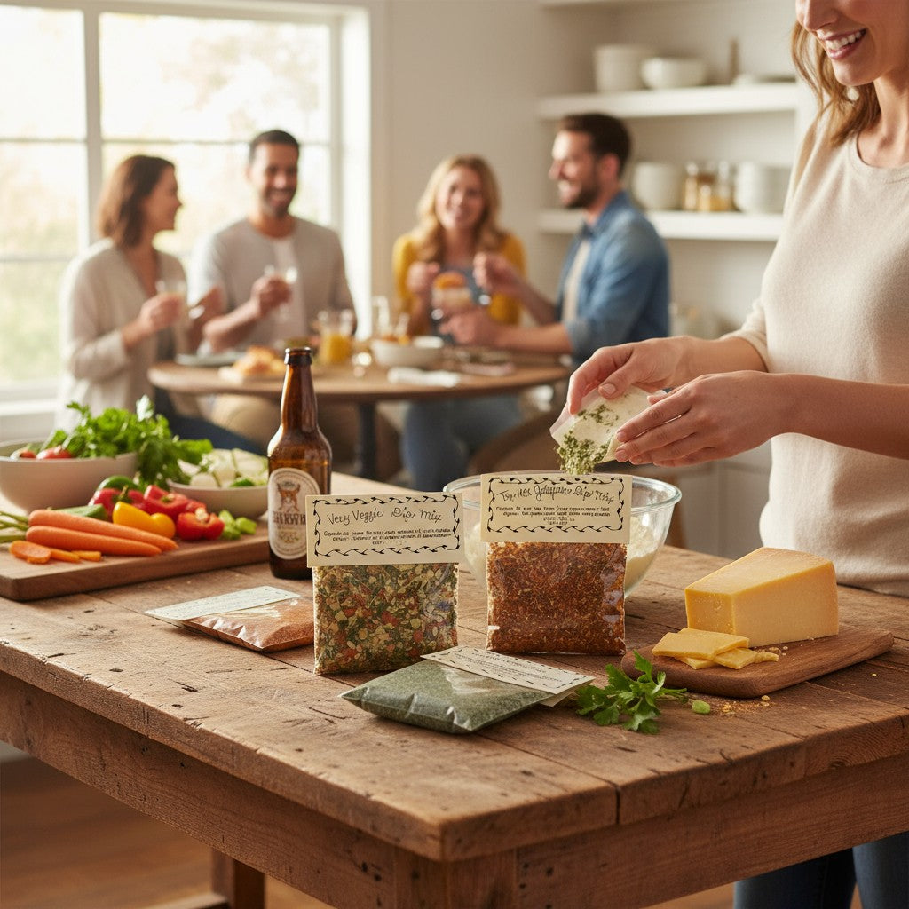 A lifestyle scene showing a bowl of prepared dip surrounded by fresh vegetables, chips, and people socializing.