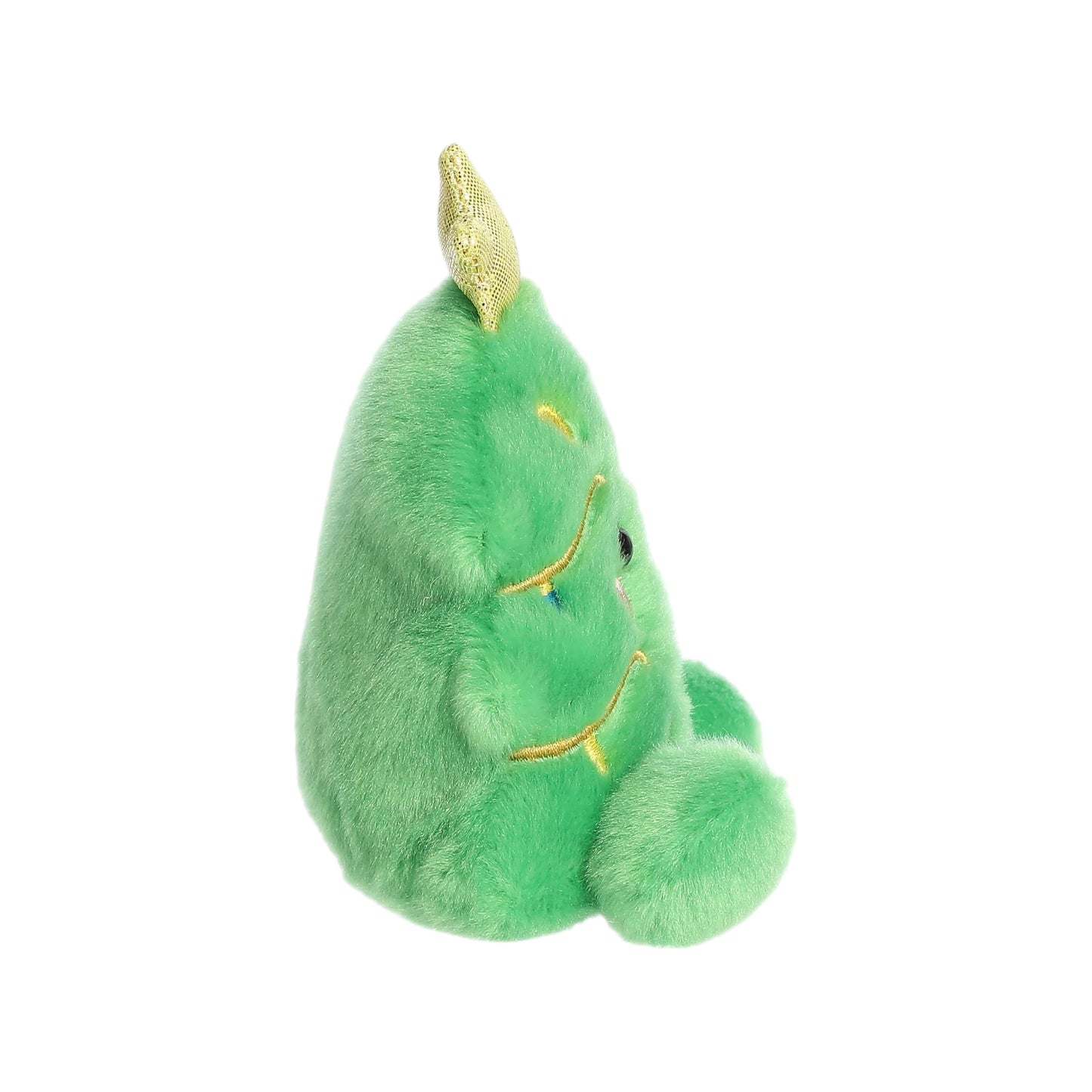 A side view of the green Douglas the Christmas Tree plush, showing its sparkly star topper.