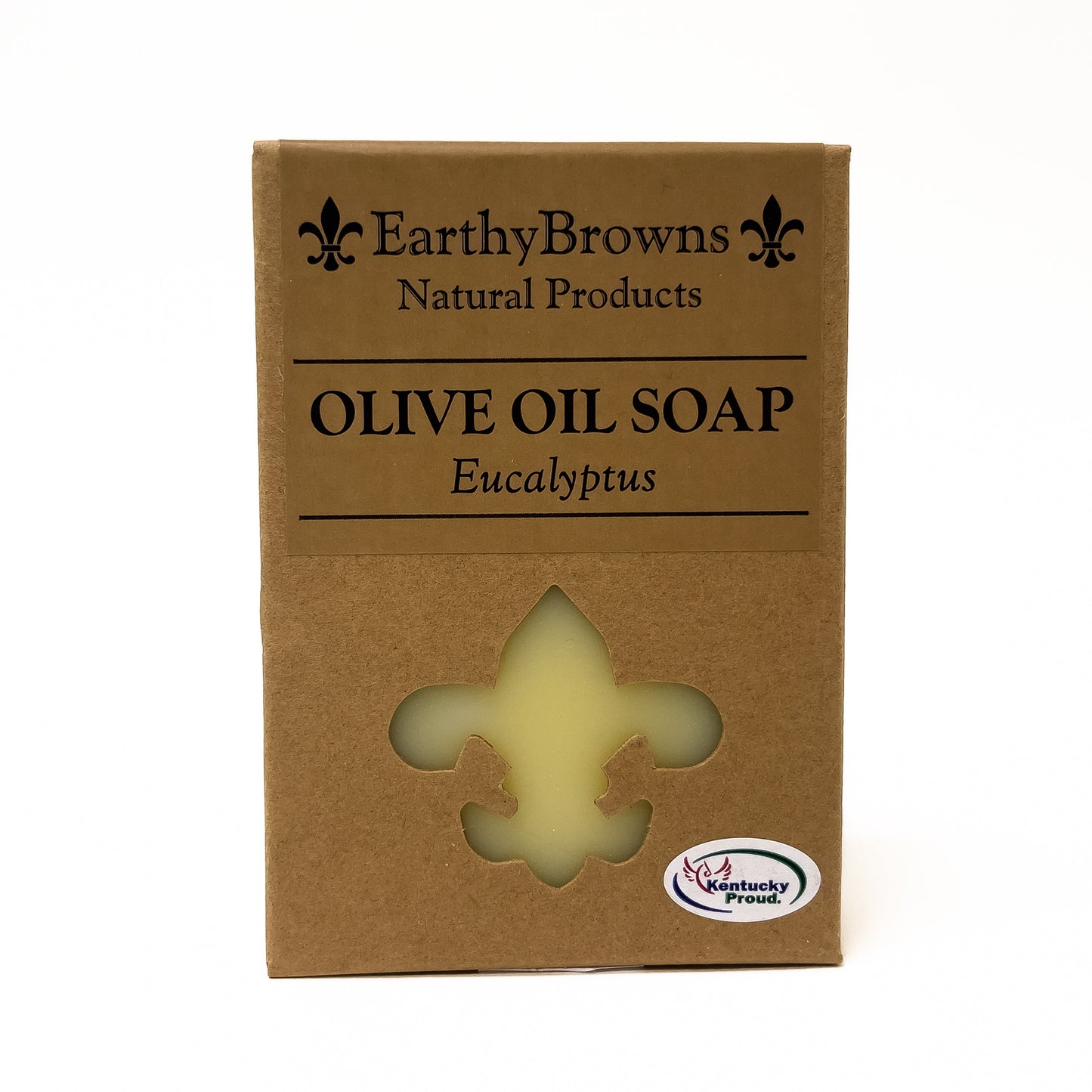 Earthy Browns Natural Products olive oil soap packaging with a fleur-de-lis design on a white background