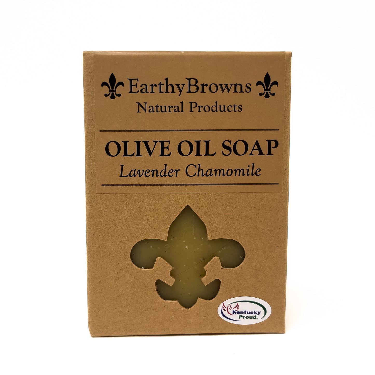Earthy Browns Natural Products olive oil soap packaging with lavender chamomile scent on a white background